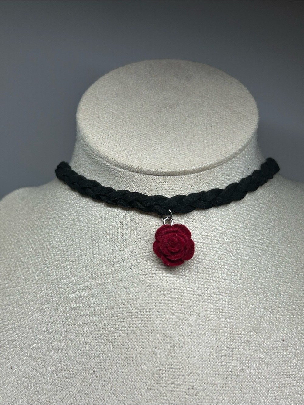 Black Braided Choker Necklace with Red Rose Charm